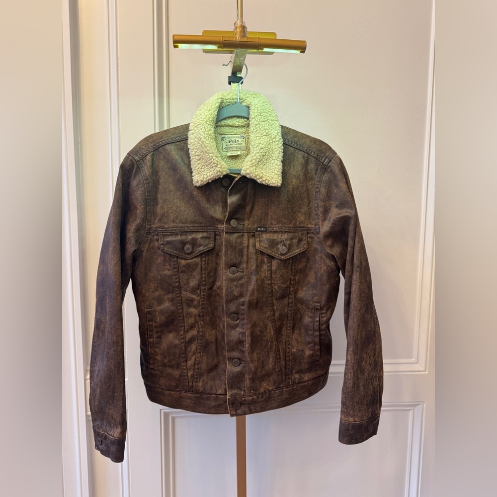 Polo Ralph Lauren Waxed Denim trucker Jacket Sherpa Collar Brown Distressed $398